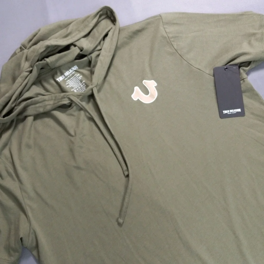 True Religion Mens Olive Green Short Sleeve Hoodie Buddha Graphic Tee Size L NWT